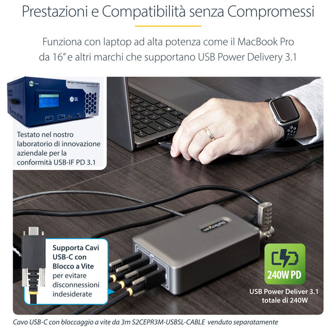 StarTech.com, Caricatore USB-C, 4 Porte, 240W, Porta Singola 140W EPR, PD 3.1, Grigio