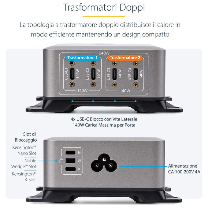 StarTech.com, Caricatore USB-C, 4 Porte, 240W, Porta Singola 140W EPR, PD 3.1, Grigio
