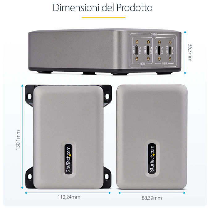 StarTech.com, Caricatore USB-C, 4 Porte, 240W, Porta Singola 140W EPR, PD 3.1, Grigio