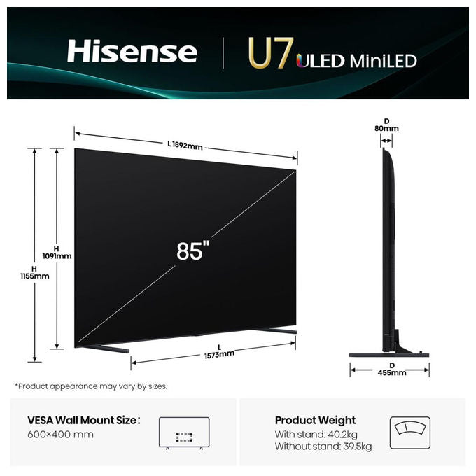 Hisense, TV Smart 4K Ultra HD 85U7Q, Mini LED, Wi-Fi, Nero