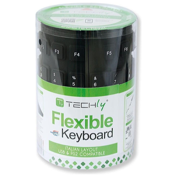 Techly Tastiera Flessibile in Silicone USB-PS2 Layout Italiano Impermeabile Antipolvere Nera