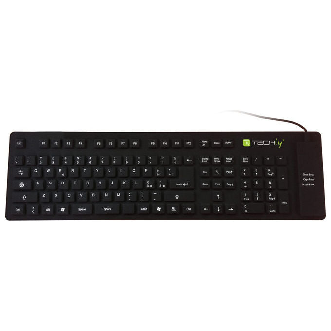 Techly Tastiera Flessibile in Silicone USB-PS2 Layout Italiano Impermeabile Antipolvere Nera