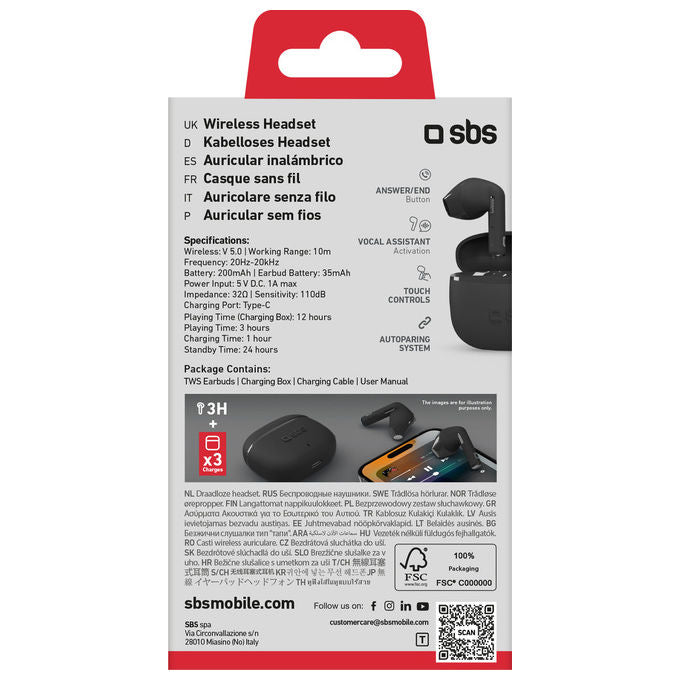 Sbs Auricolari Go Pods Teeartwsgo Tws Musica e Chiamate Bluetooth Nero