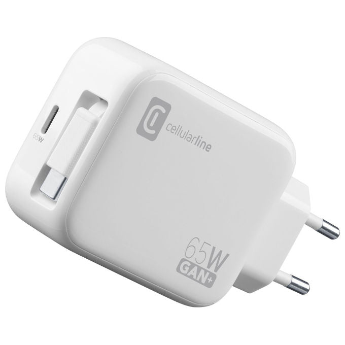 Cellularline ACHROLLUSBCGAN65WW Retractable Power Caricabatterie da Rete 65W GaN USB-C Cavo Retrattile 90cm Dual Port colore Bianco