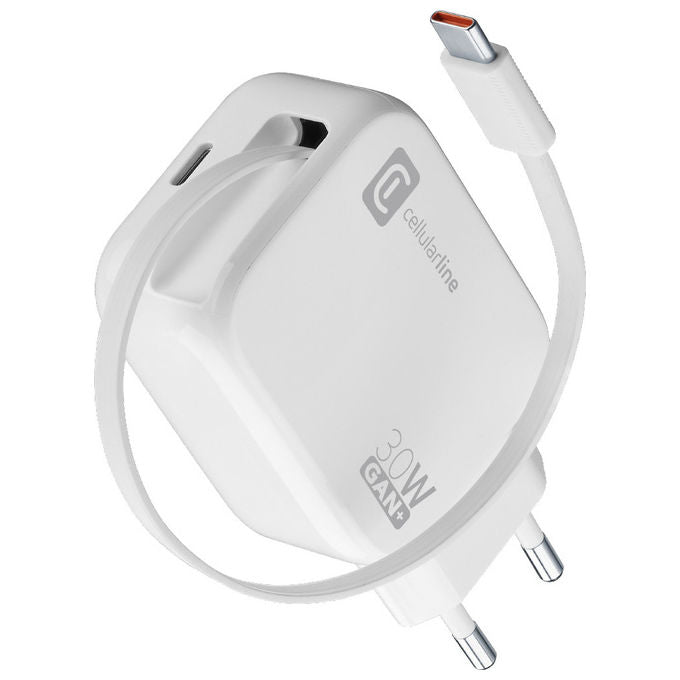 Cellularline Caricatore USB 30W con Cavo Retrattile USB-C Bianco GaN