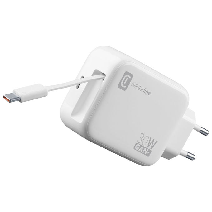 Cellularline Caricatore USB 30W con Cavo Retrattile USB-C Bianco GaN