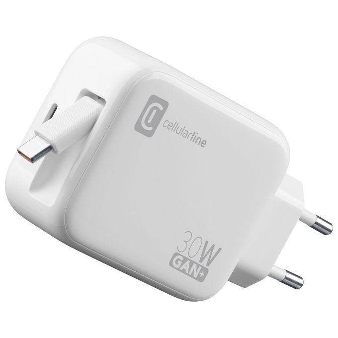Cellularline Caricatore USB 30W con Cavo Retrattile USB-C Bianco GaN