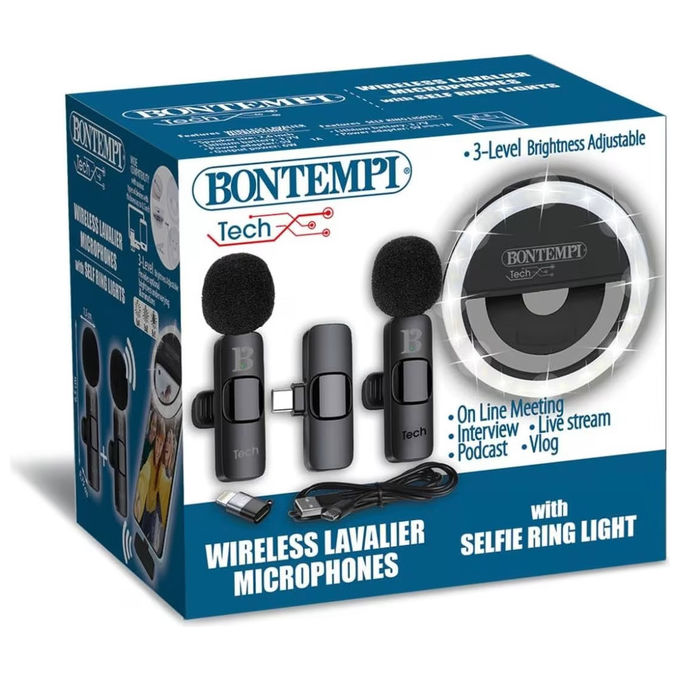 Bontempi Coppia di Microfoni Wireless Con Anello di Luce RGB Per Karaoke Feste ed Eventi