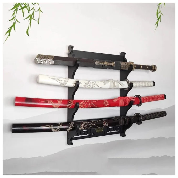 Oggetti Fantastici, Supporto Katana da Parete, Legno Nero, Decorazione Manga-Anime, Made in Italy
