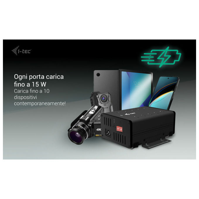 I-tec CACHRGHUB10C Hub USB-C USB-A 10 Porte Ricarica 15W per Porta 5 Gbps Adattatore Integrato 180W colore Nero