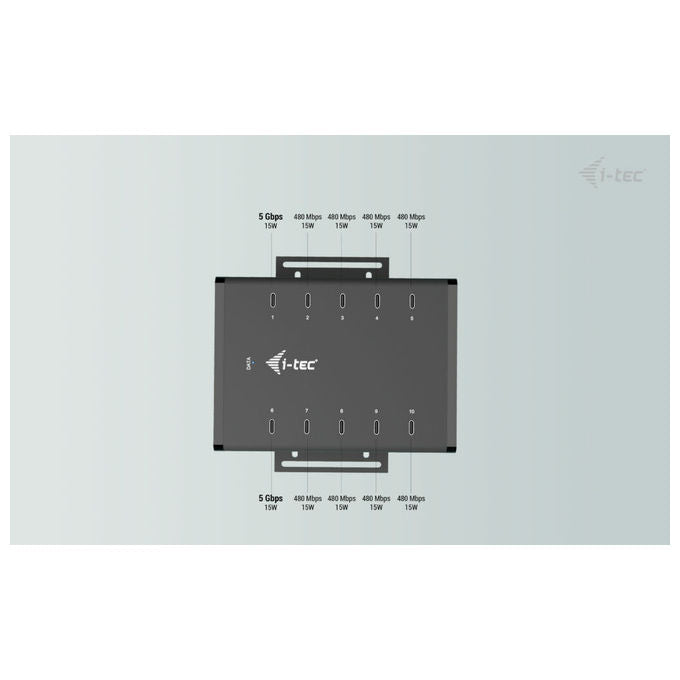 I-tec CACHRGHUB10C Hub USB-C USB-A 10 Porte Ricarica 15W per Porta 5 Gbps Adattatore Integrato 180W colore Nero