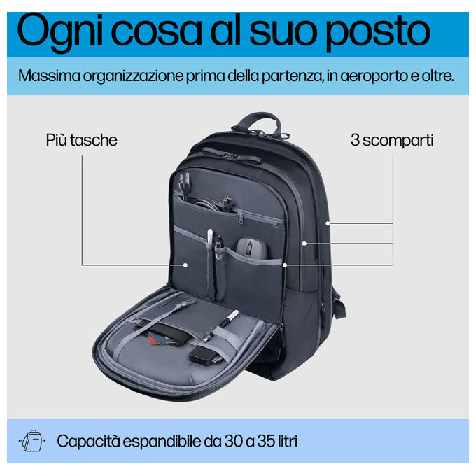 HP A2CE0AA Travel Plus Zaino per Notebook 17.3'' 30L Poliestere Riciclato Trolley Integrato Impermeabile colore Blu Grafite