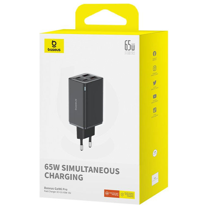 Baseus Gan6, Caricabatterie USB, 65W, Nero