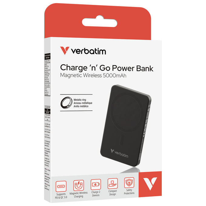 Verbatim Power Bank 5000 mAh Wireless Magnetico Ricarica Rapida Essentials Nero