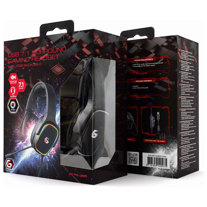Gembird, Cuffie Gaming 7.1 Surround, Retroilluminazione RGB, USB, Nero