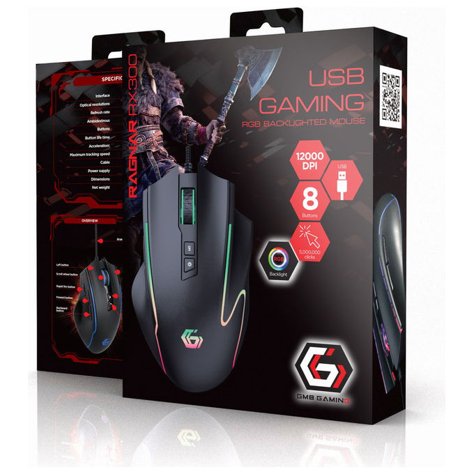 Gembird Mouse Gaming 12000 DPI Ergonomico USB Ragnar RX300 Nero-Blu