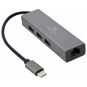 Gembird, Adattatore di Rete Gigabit USB-C, Hub USB 3.1 3 porte, Grigio, Metallo