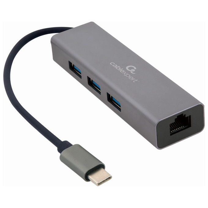 Gembird, Adattatore di Rete Gigabit USB-C, Hub USB 3.1 3 porte, Grigio, Metallo
