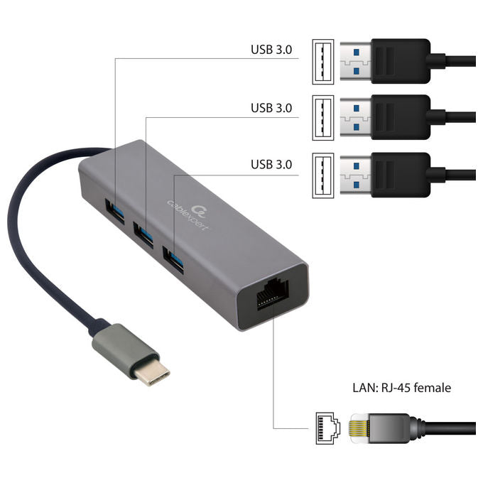 Gembird, Adattatore di Rete Gigabit USB-C, Hub USB 3.1 3 porte, Grigio, Metallo