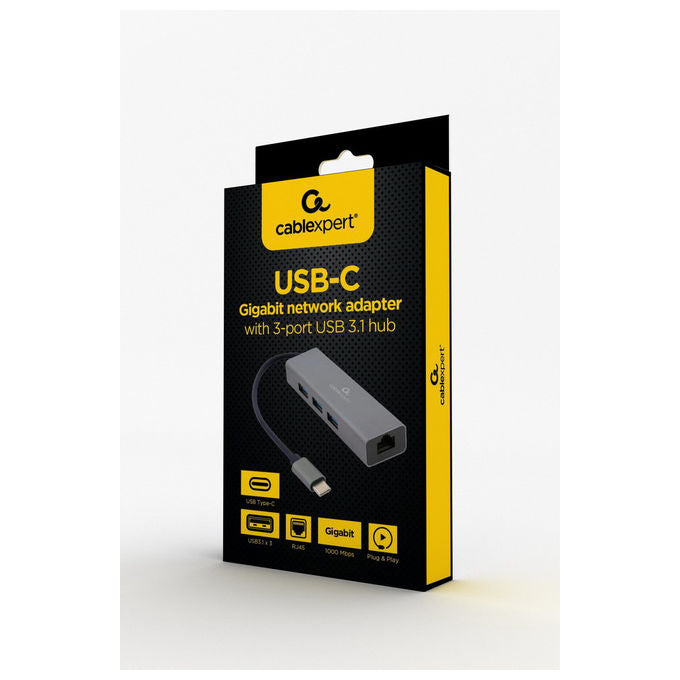 Gembird, Adattatore di Rete Gigabit USB-C, Hub USB 3.1 3 porte, Grigio, Metallo