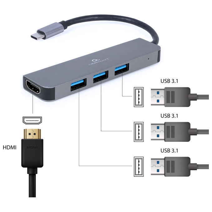 Gembird, Docking Station USB 3.2 Gen 1 Type-C, Grigio, 4K