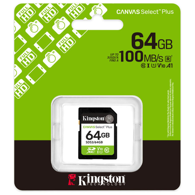 Kingston Technology, Scheda SDXC 64GB, Canvas Select Plus Gen3, 100MB-s, C10 UHS-I U1 V10