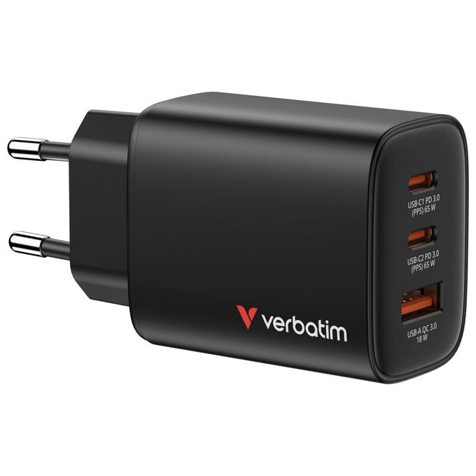 Verbatim Caricabatterie Universale Nero Ricarica Rapida GaN con 2 USB-C e 1 USB-A