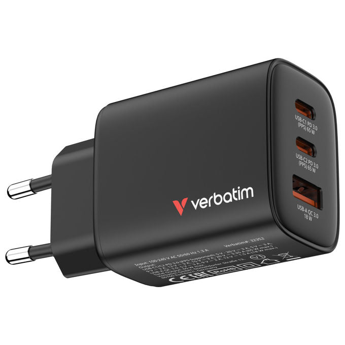 Verbatim Caricabatterie Universale Nero Ricarica Rapida GaN con 2 USB-C e 1 USB-A