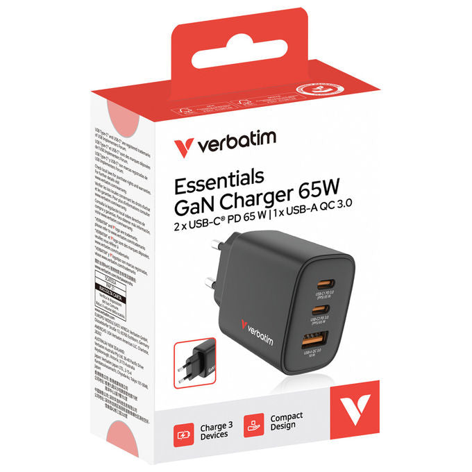Verbatim Caricabatterie Universale Nero Ricarica Rapida GaN con 2 USB-C e 1 USB-A