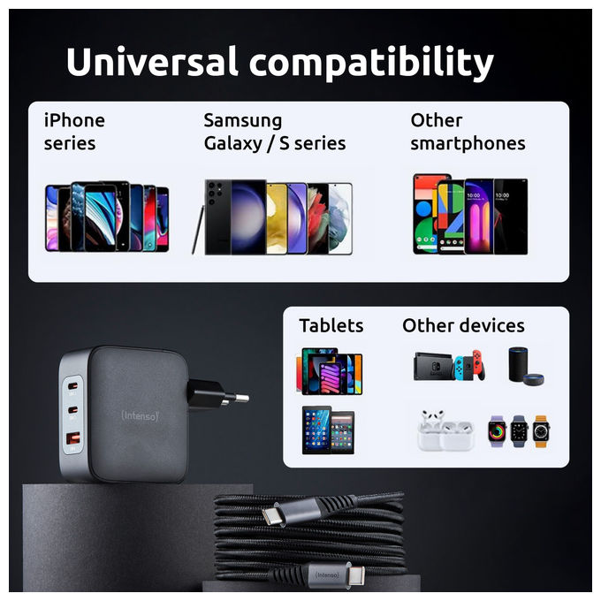Intenso, Caricabatterie USB-C GaN, 100W, Nero, con Cavo