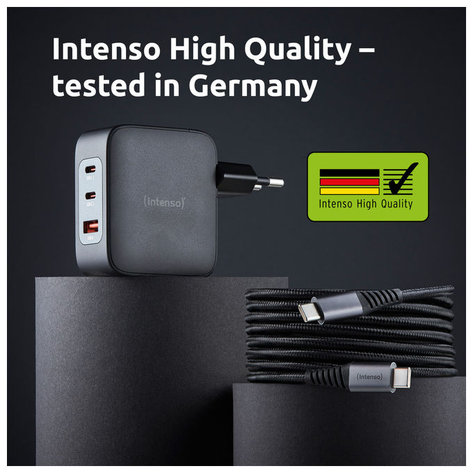 Intenso, Caricabatterie USB-C GaN, 100W, Nero, con Cavo
