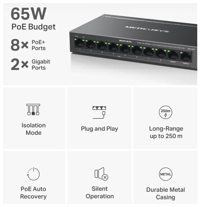 Mercusys MS110CP Switch di Rete 10 Porte 8x PoE+ 10-100 Mbps 2x Gigabit Budget PoE 65W colore Grigio