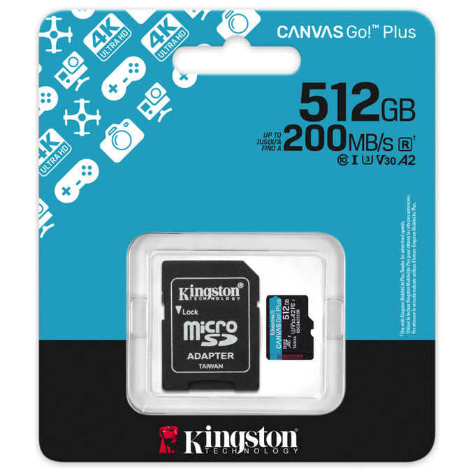 Kingston SDCG4-512GB Canvas Go Plus Scheda microSDXC 512GB 200MB-s A2 U3 V30 con Adattatore SD colore Nero