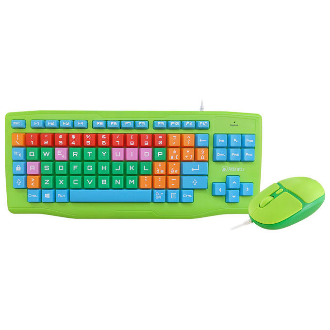 Atlantis Land Tastiera e Mouse USB QWERTY Italiano Verde Per Bambini e Ipovedenti