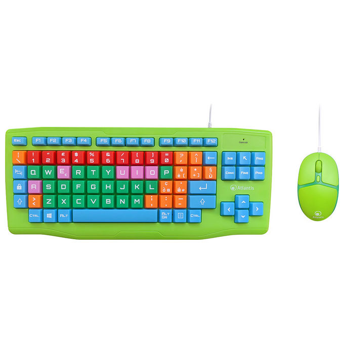 Atlantis Land Tastiera e Mouse USB QWERTY Italiano Verde Per Bambini e Ipovedenti