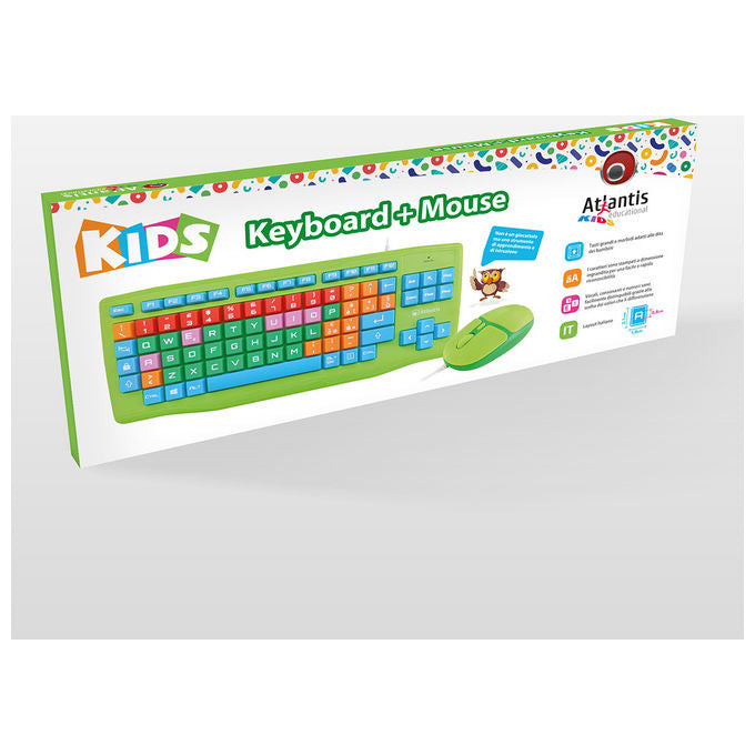 Atlantis Land Tastiera e Mouse USB QWERTY Italiano Verde Per Bambini e Ipovedenti