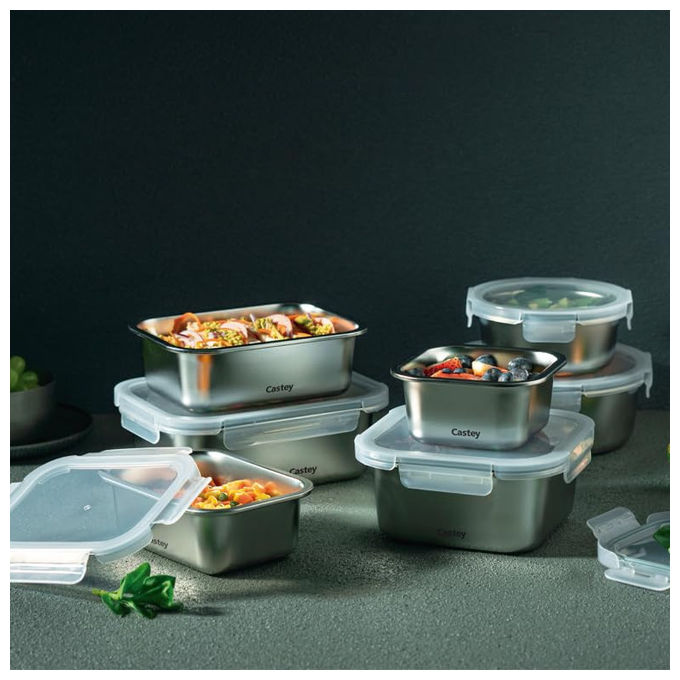 Castey, Contenitore Rettangolare Acciaio Inox, Chiusura Ermetica, Per Alimenti