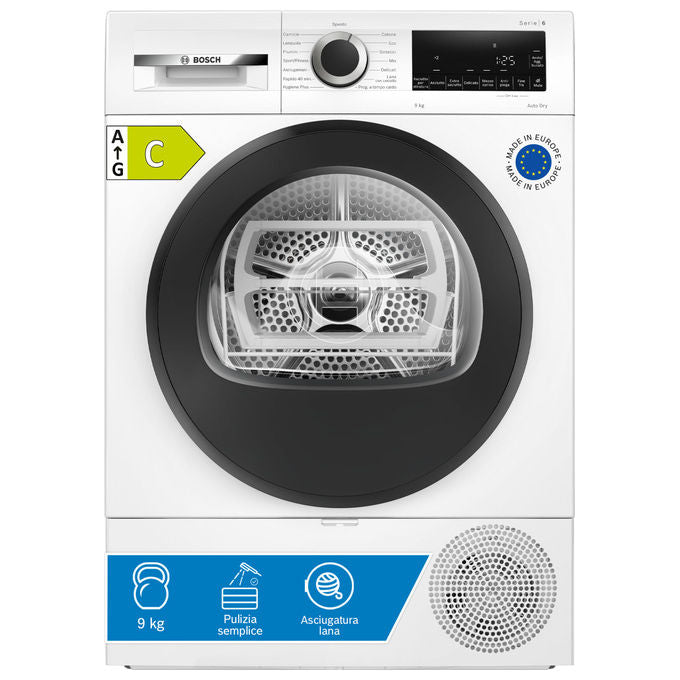 Bosch WQG243D9IT Serie 6 Asciugatrice Pompa di Calore 9 Kg Classe C 63 dB Partenza Differita Antipiega (84x60x61 cm) colore Bianco