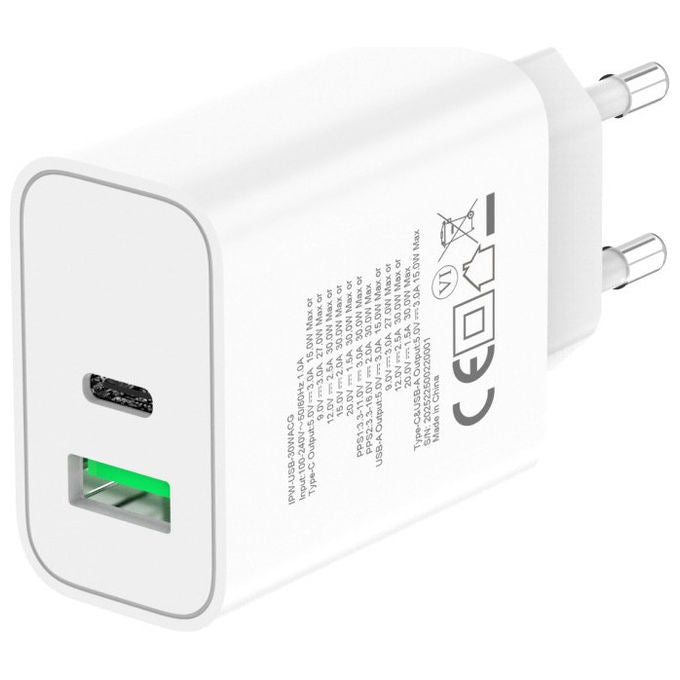 Techly Caricabatterie Universale da Muro 30W USB-C e USB-A Ricarica Rapida Bianco