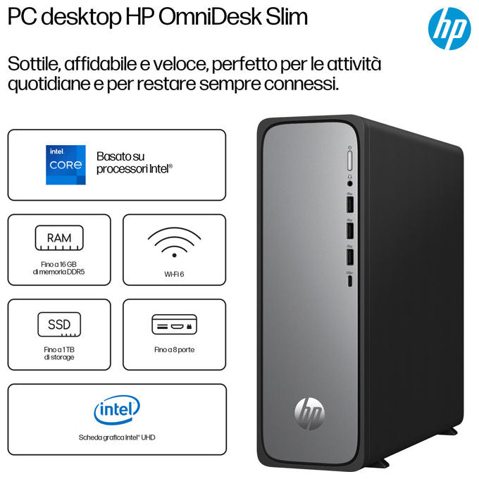 Hp Desktop OmniDesk Slim S03-0007nl Intel Core i3 8GB DDR5 256GB SSD Argento