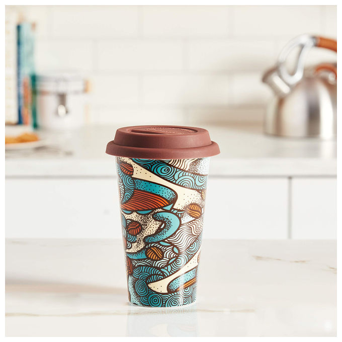 De'Longhi DLSC065 Ceramic Mug Tazza Termica in Ceramica Doppia Parete 300 ml Coperchio in Silicone colore Multicolore