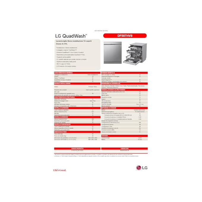 LG DF587HVS Serie 5 Lavastoviglie Libera Installazione 14 coperti Classe A QuadWash TrueSteam Wi-Fi 43 dB (85x60x60 cm) colore Grigio