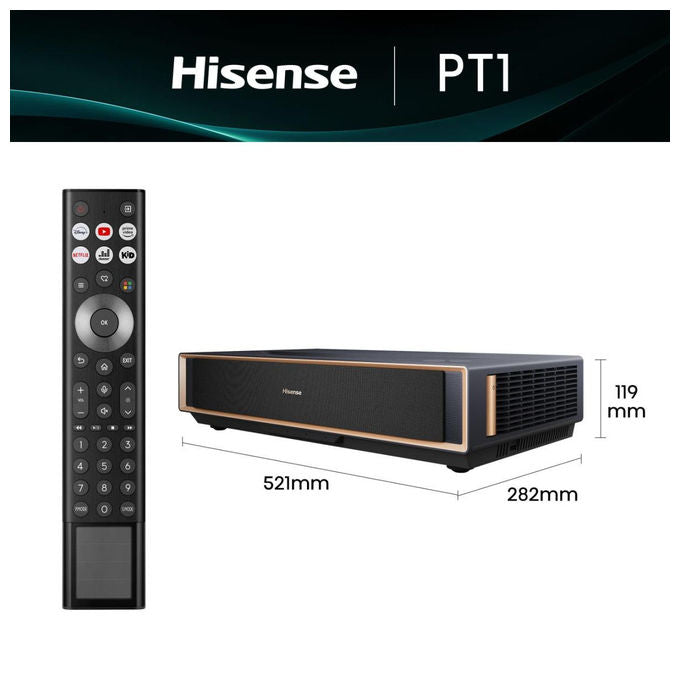 Hisense PT1 LaserCinema Videoproiettore Ultra Short Throw 4K UHD 2500 ANSI Lumen Dolby Vision Atmos IMAX Enhanced VIDAA U7 colore Nero