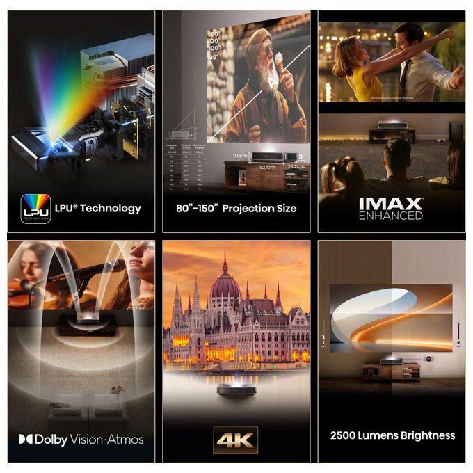 Hisense PT1 LaserCinema Videoproiettore Ultra Short Throw 4K UHD 2500 ANSI Lumen Dolby Vision Atmos IMAX Enhanced VIDAA U7 colore Nero