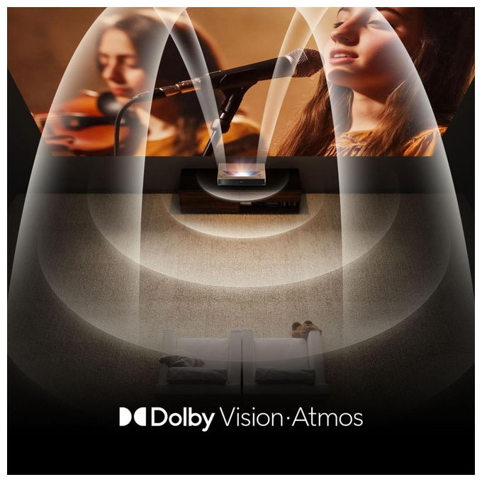 Hisense PT1 LaserCinema Videoproiettore Ultra Short Throw 4K UHD 2500 ANSI Lumen Dolby Vision Atmos IMAX Enhanced VIDAA U7 colore Nero
