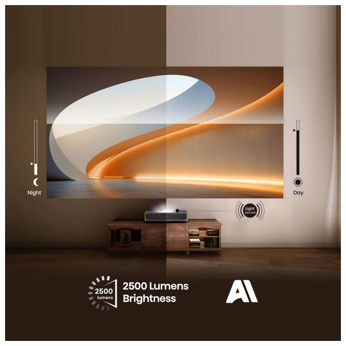 Hisense PT1 LaserCinema Videoproiettore Ultra Short Throw 4K UHD 2500 ANSI Lumen Dolby Vision Atmos IMAX Enhanced VIDAA U7 colore Nero
