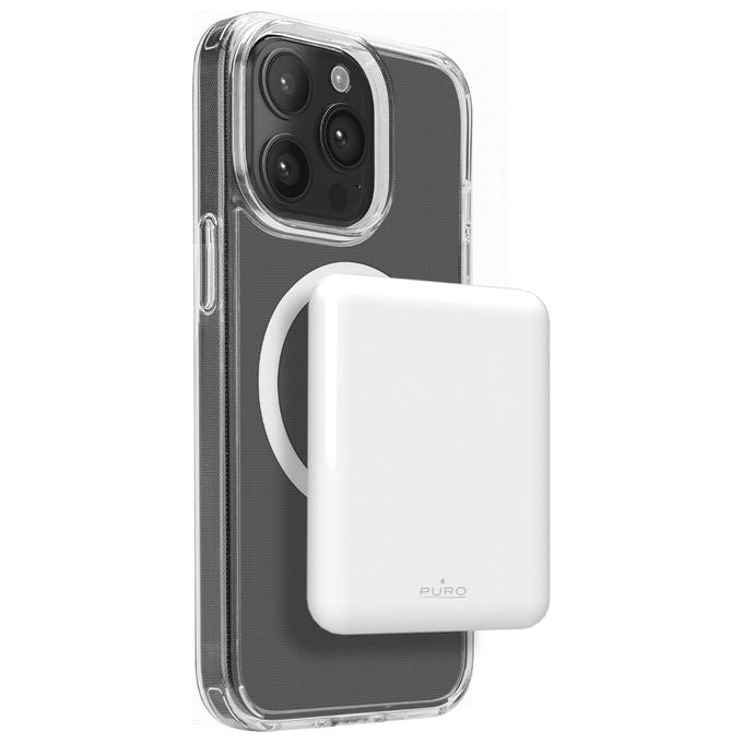 Puro, Power Bank Magnetico, 5000 mAh, Ricarica Wireless, Bianco