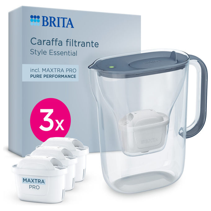 Brita, Caraffa Filtrante Style Essential, 2.4L, Stone Blue, Include 3 Filtri Maxtra Pro