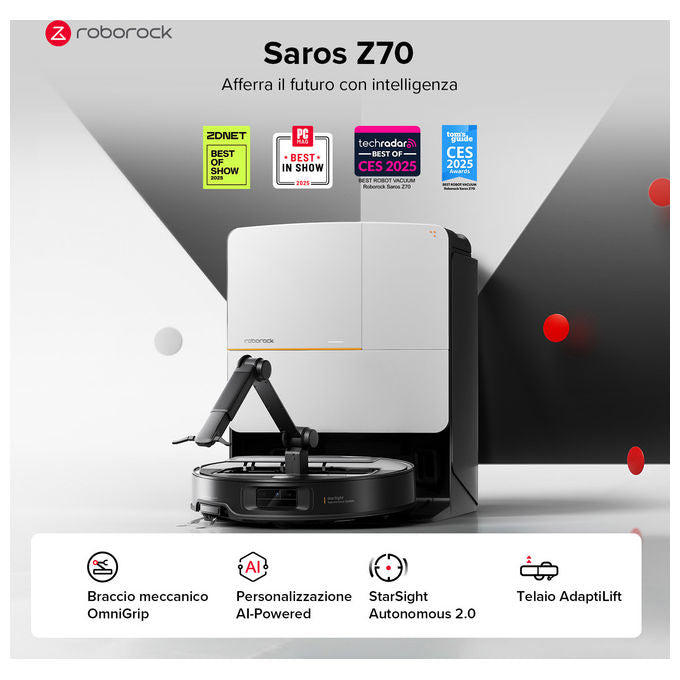 Roborock, Saros Z70 Robot Aspirapolvere Lavapavimenti, 22000 Pa, Bianco