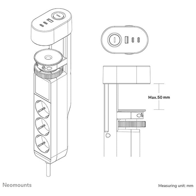 Neomounts Multipresa da Tavolo con Morsetto, USB-C e USB-A, Ricarica Rapida